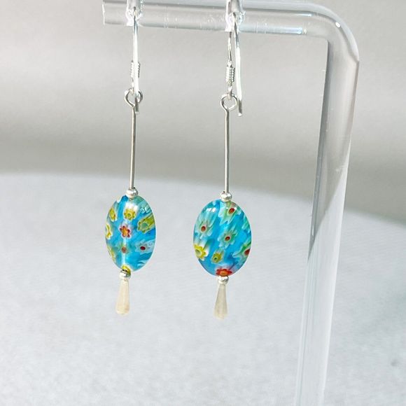 Two Inch Drop Sterling Silver Blue Millefiori Carnaval Earrings 2” Long - Picture 3 of 9